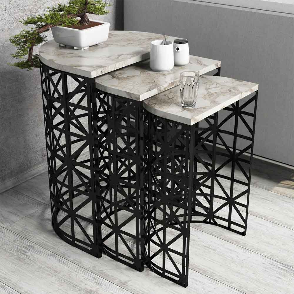 Stil White Marble Effect Nesting Side Tables with Black Metal Base