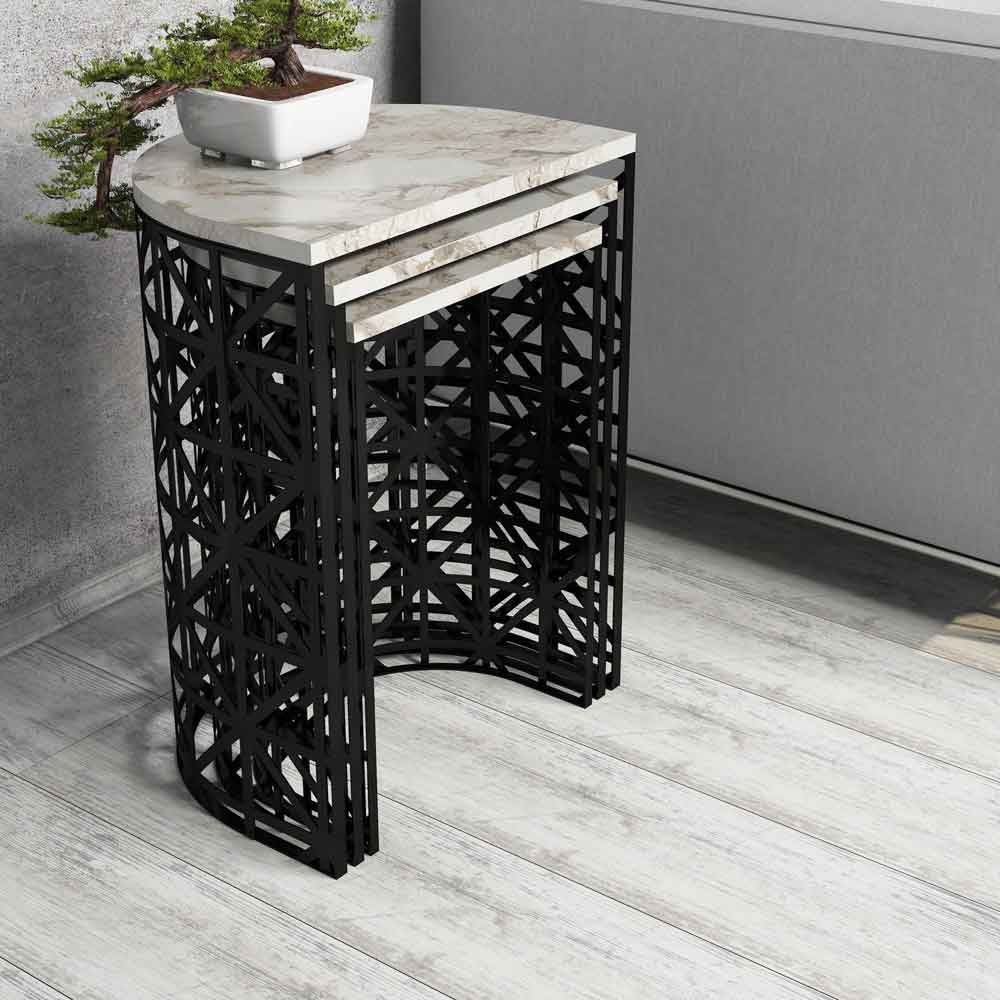 Stil White Marble Effect Nesting Side Tables with Black Metal Base