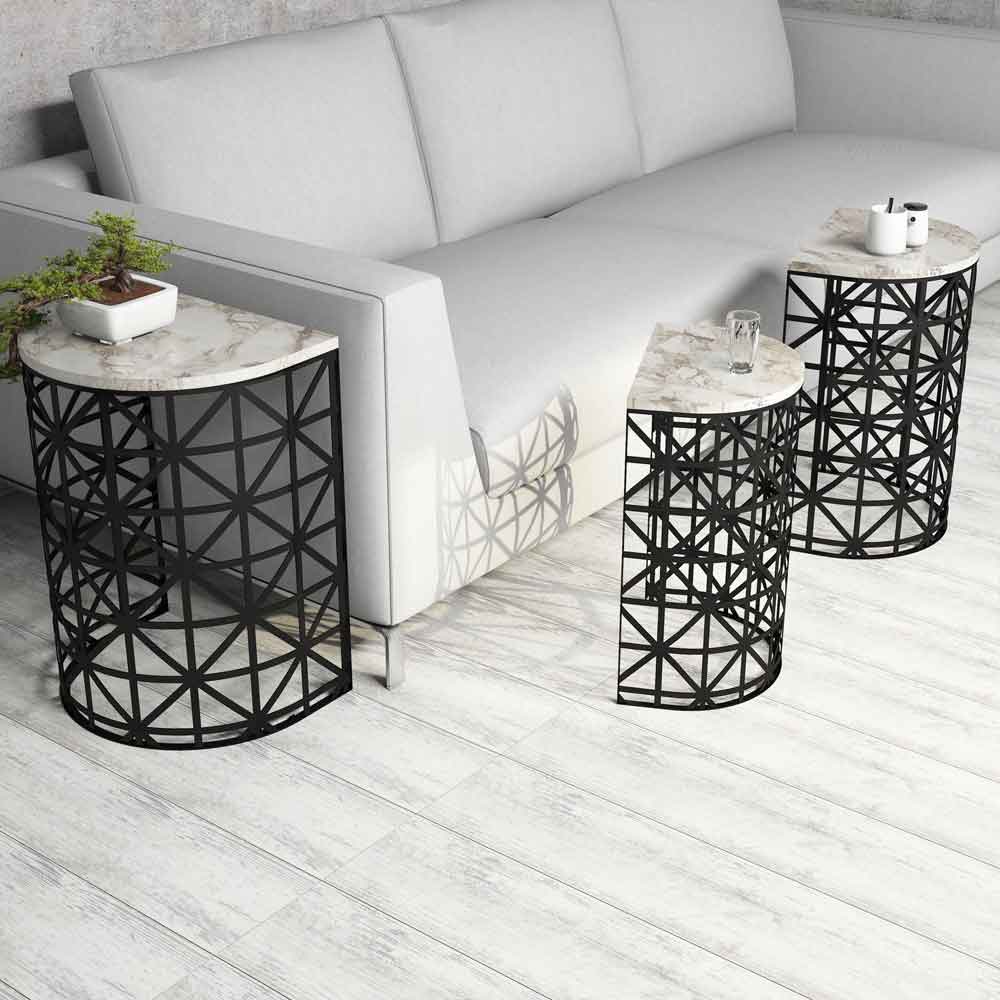 Stil White Marble Effect Nesting Side Tables with Black Metal Base