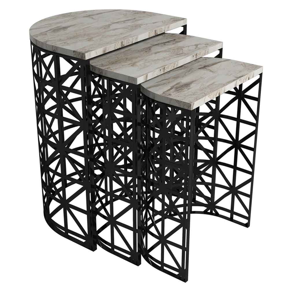 Stil White Marble Effect Nesting Side Tables with Black Metal Base