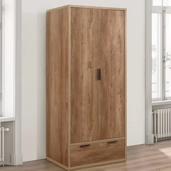 Product photograph of Stock Wooden Wardrobe With 2 Doors 1 Drawer In Rustic Oak from Furniture in Fashion