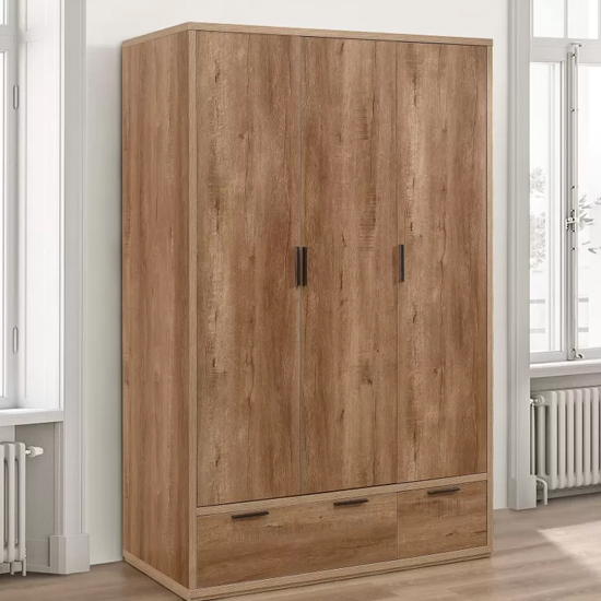 Product photograph of Stock Wooden Wardrobe With 3 Doors 2 Drawers In Rustic Oak from Furniture in Fashion