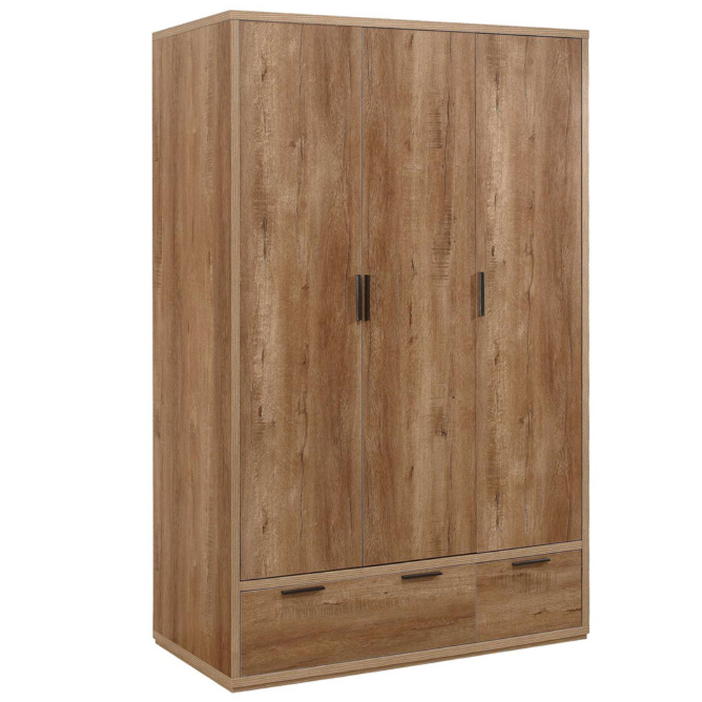 Seward Wooden Wardrobe With 3 Doors 2 Drawers In Rustic Oak