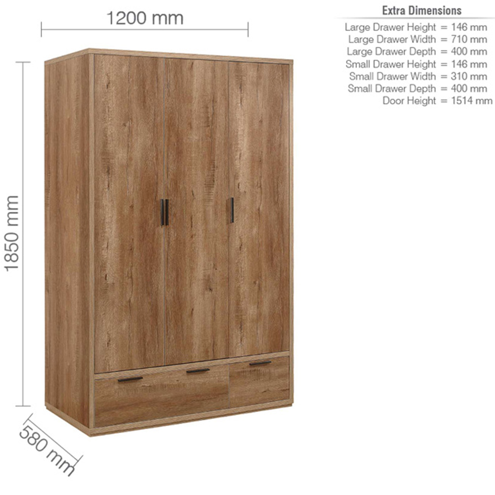 Seward Wooden Wardrobe With 3 Doors 2 Drawers In Rustic Oak