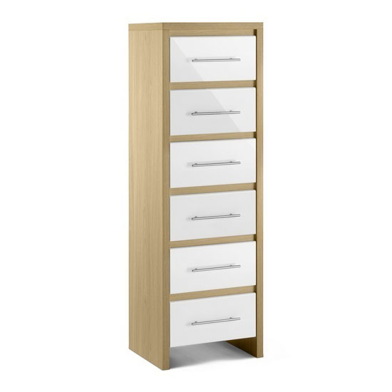 Elite 6 Drawer Narrow Chest in Oak and White High Gloss Furniture in