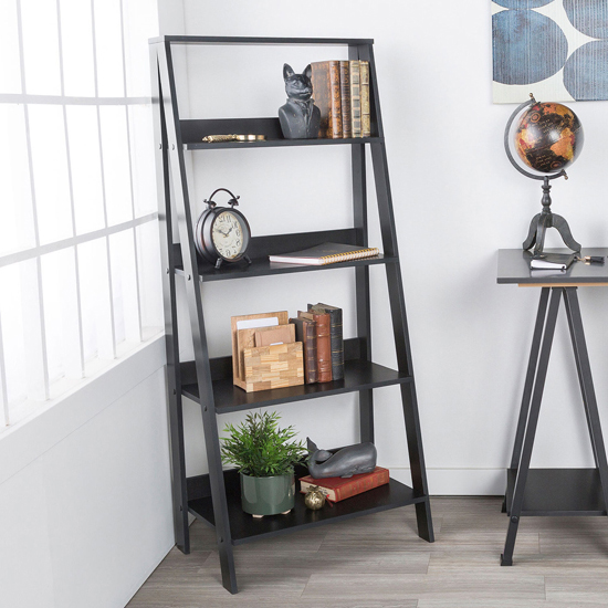 Dark wood ladder bookshelf discount
