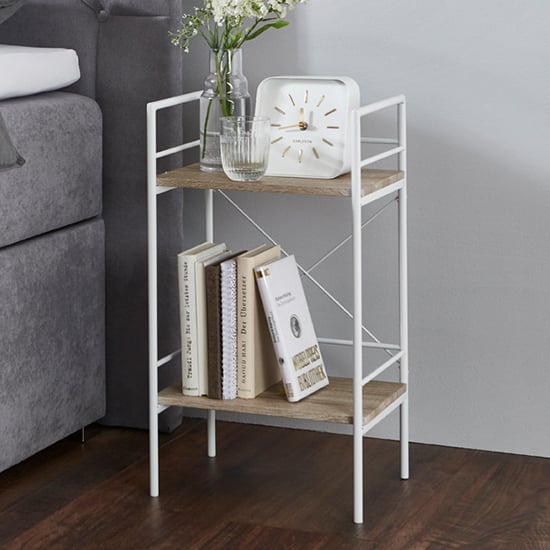 Photo of Stockton metal side table in white with 2 oak wooden shelves