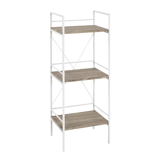 Stockton Metal Side Table In White With 3 Oak Wooden Shelves