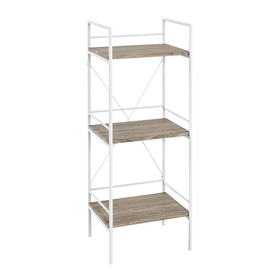 Read more about Stockton metal side table in white with 3 oak wooden shelves