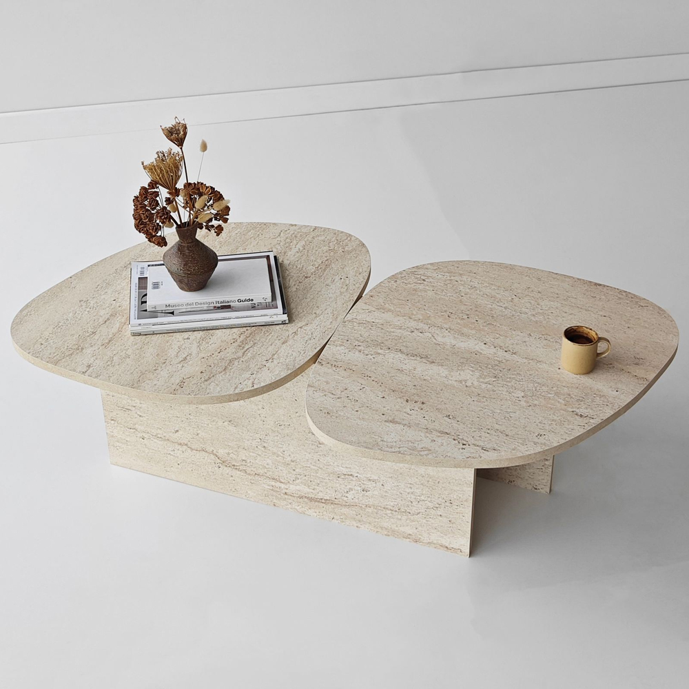Stones Wooden Coffee Table in Travertine Marble Effect