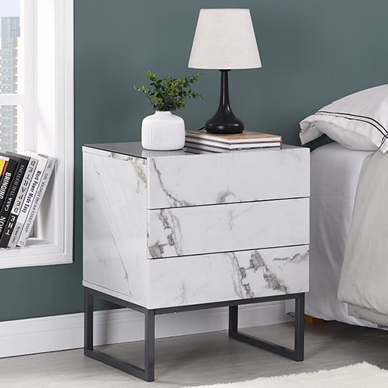 Product photograph of Strada Gloss Bedside Cabinet And 3 Drawer In Diva Marble Effect from Furniture in Fashion