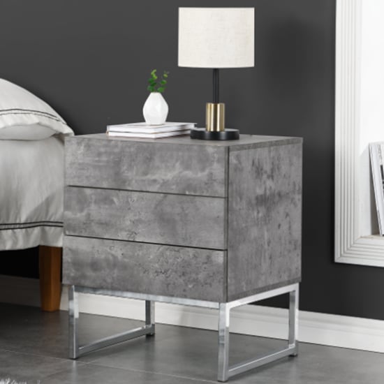Strada Wooden 3 Drawers Bedside Cabinet In Concrete Effect