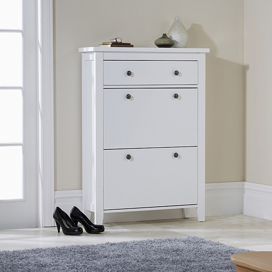 Photo of Duddo wooden shoe cabinet in white with 2 doors and 1 drawer