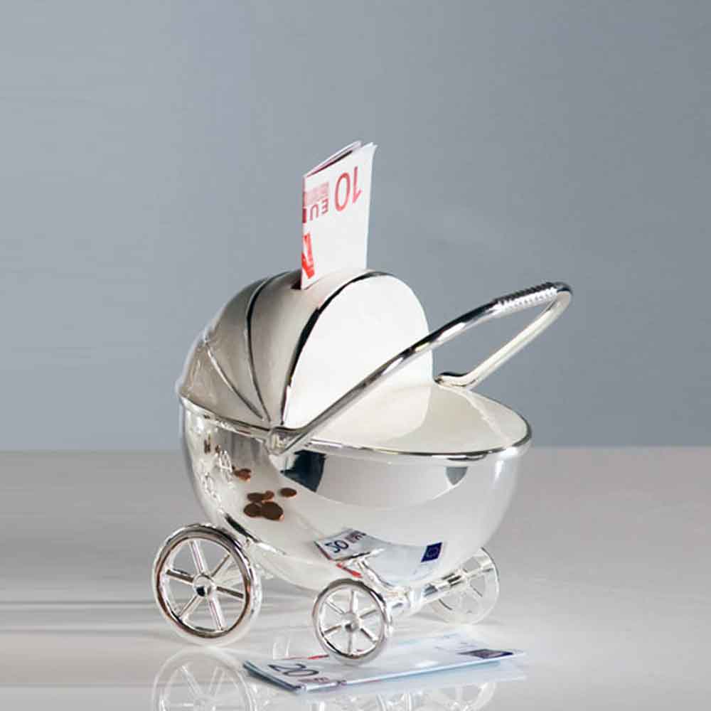 Stroller Money Box Lockable In Chrome With Cream And Silver