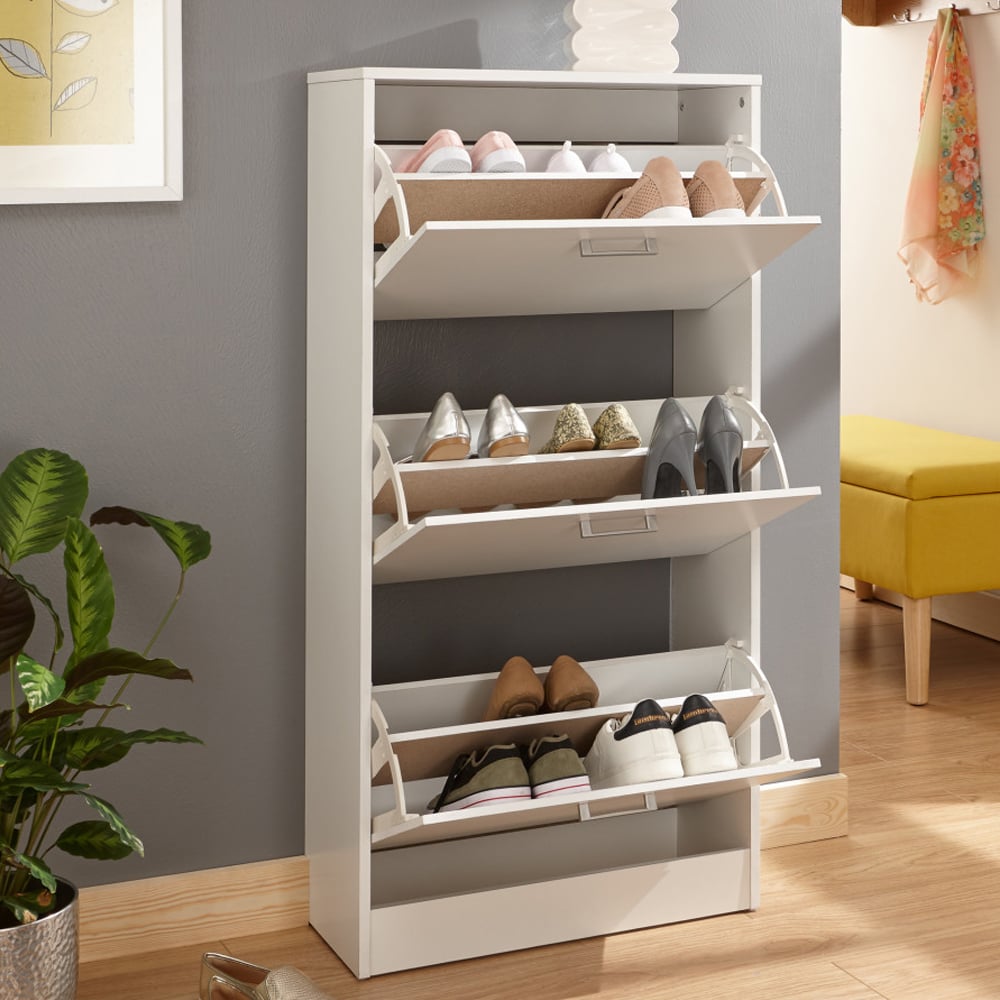 Strood Wooden Shoe Storage Cabinet With 3 Flap Doors In White