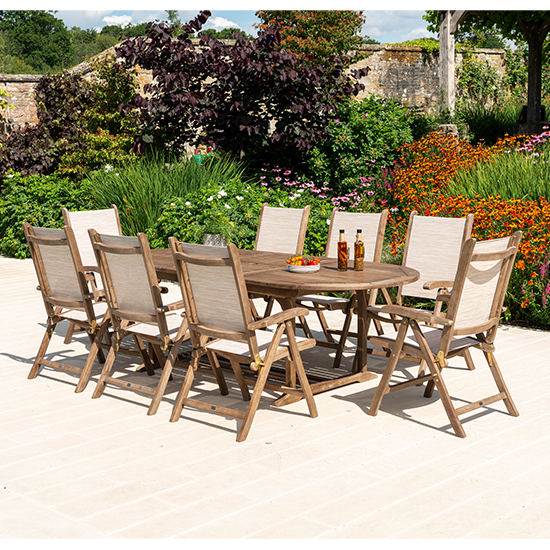 Read more about Strox extending dining table with 8 sling recliner armchairs