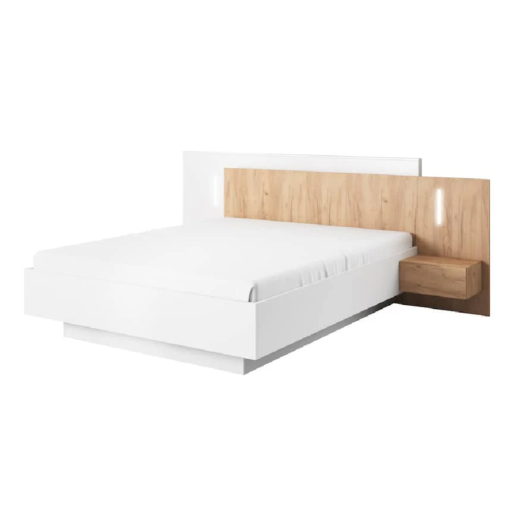 Sturgis Ottoman Wooden King Size Bed In White And Oak With LED