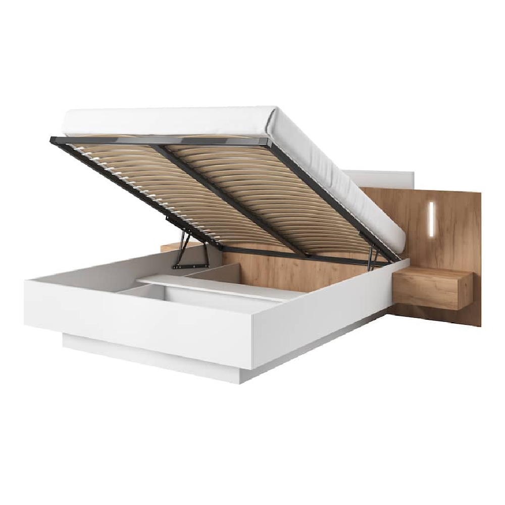 Sturgis Ottoman Wooden King Size Bed In White And Oak With LED
