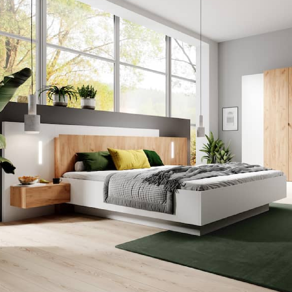 Read more about Sturgis ottoman wooden king size bed in white and oak with led
