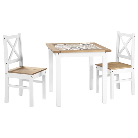 Product photograph of Sucre Tile Top Wooden Dining Table With 2 Chairs In White from Furniture in Fashion