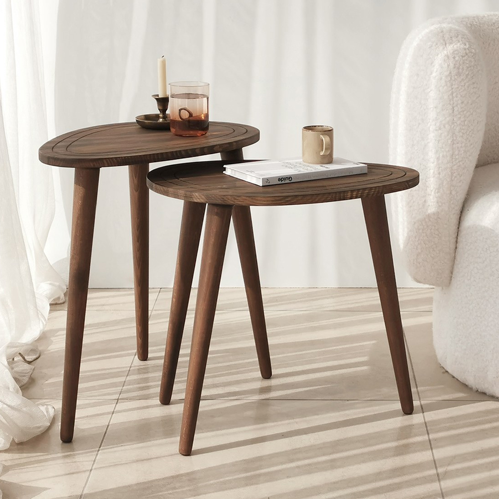 Suelo Oval Beech Wood Nest of 2 Side Table in Walnut