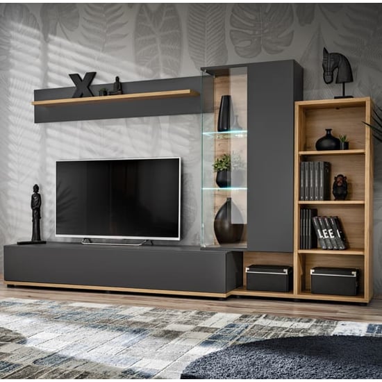 Product photograph of Suez Wooden Entertainment Unit In Wotan Oak Anthracite Led from Furniture in Fashion