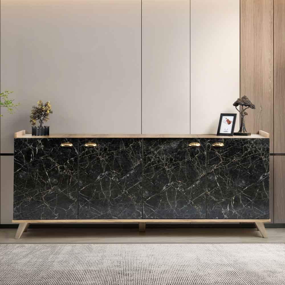 Sumer Wooden Sideboard with 4 Doors in Oak and Black Marble Effect
