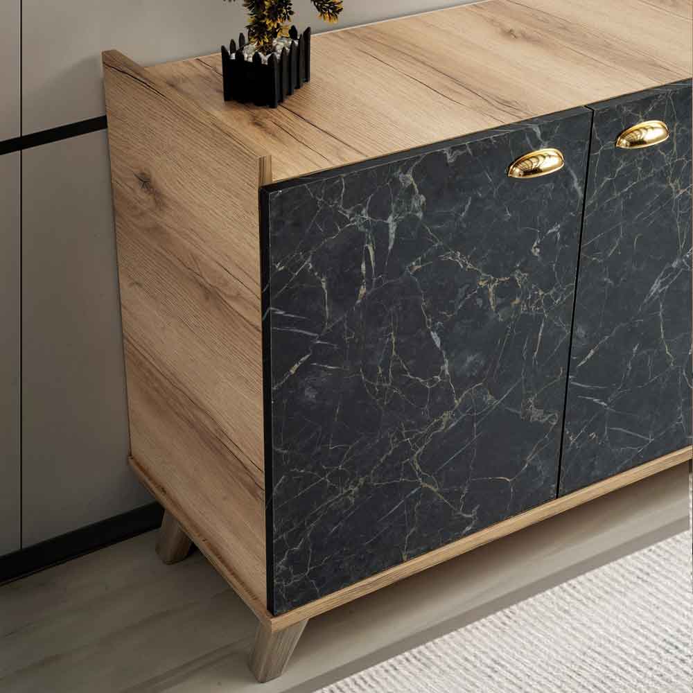Sumer Wooden Sideboard with 4 Doors in Oak and Black Marble Effect
