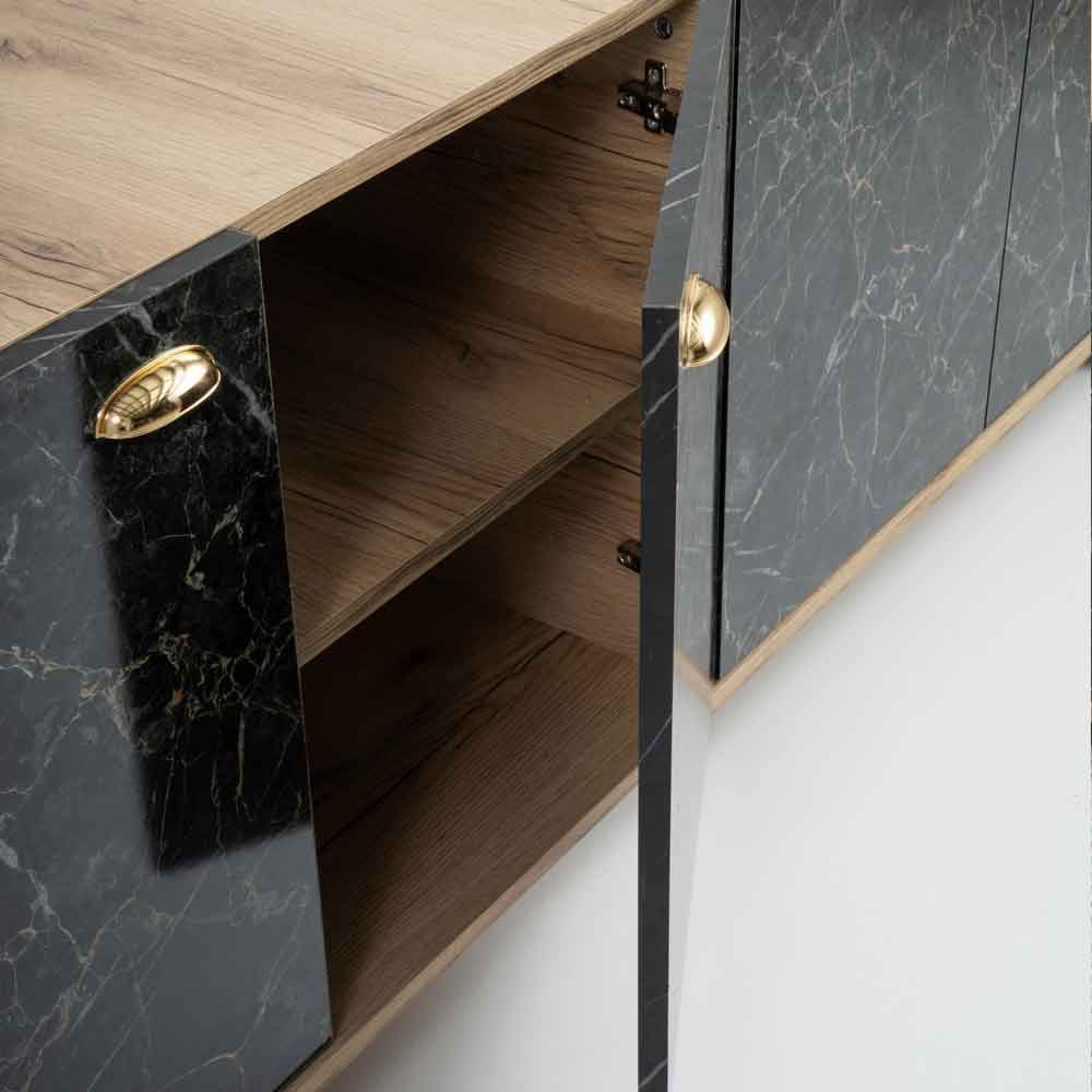 Sumer Wooden Sideboard with 4 Doors in Oak and Black Marble Effect