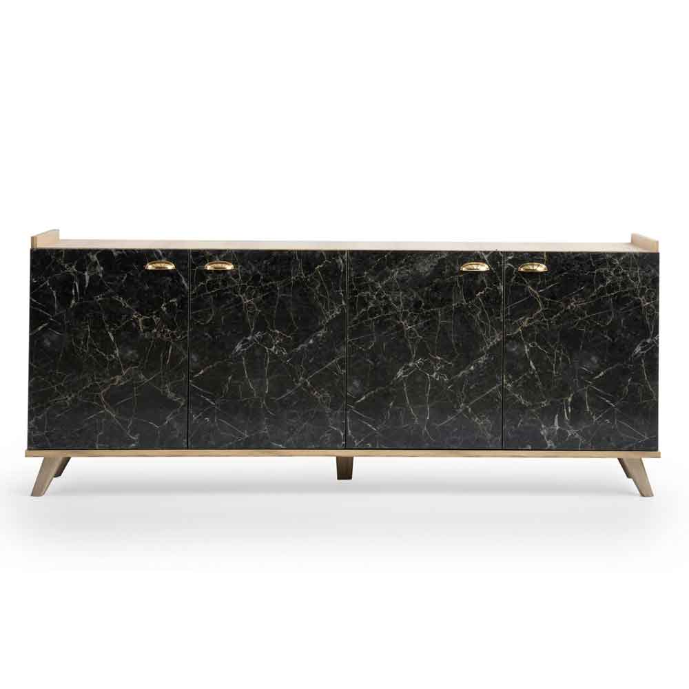 Sumer Wooden Sideboard with 4 Doors in Oak and Black Marble Effect