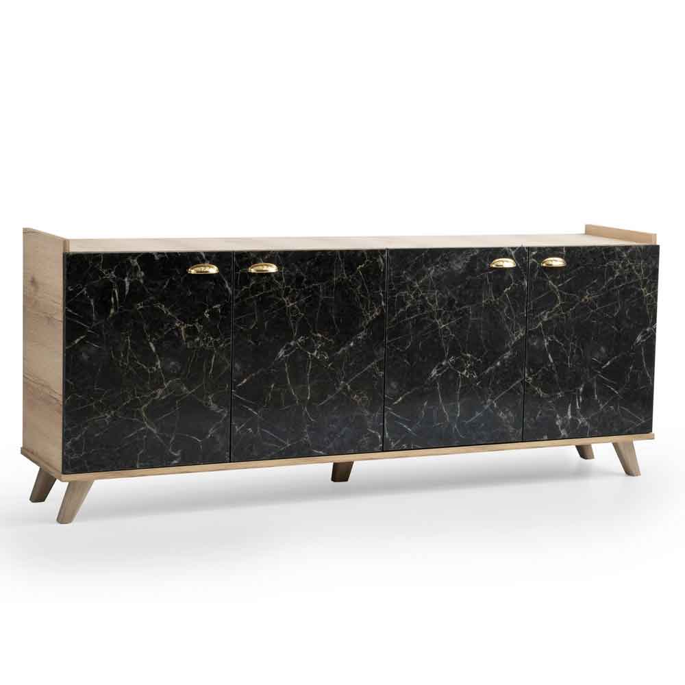 Sumer Wooden Sideboard with 4 Doors in Oak and Black Marble Effect