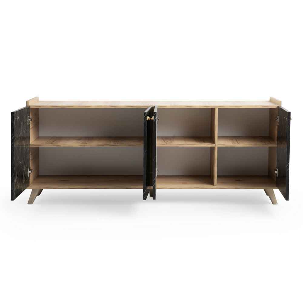 Sumer Wooden Sideboard with 4 Doors in Oak and Black Marble Effect