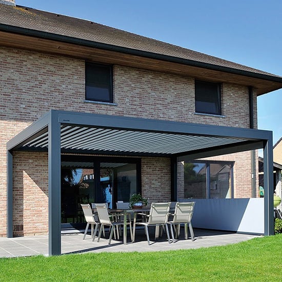 Read more about Spold 3.6m x 3.6m weatherproof aluminium pergola in charcoal