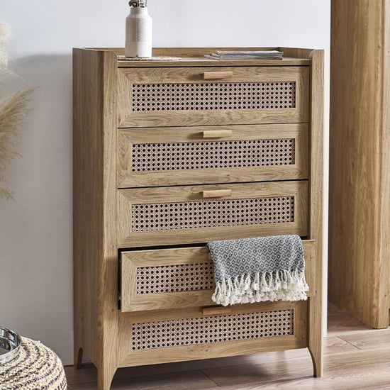 Product photograph of Sumter Wooden Chest Of 5 Drawers Tall In Oak from Furniture in Fashion