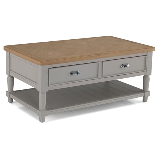 Sunburst Wooden Coffee Table In Grey And Solid Oak With 2 Drawer