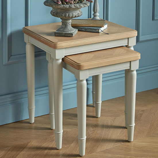 Sunburst Wooden Set Of 2 Nesting Tables In Grey And Solid Oak thumbnail