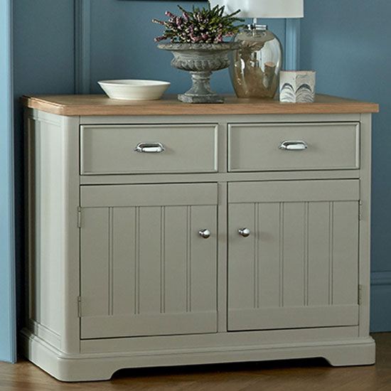 Sunburst Wooden Small Sideboard In Grey And Solid Oak