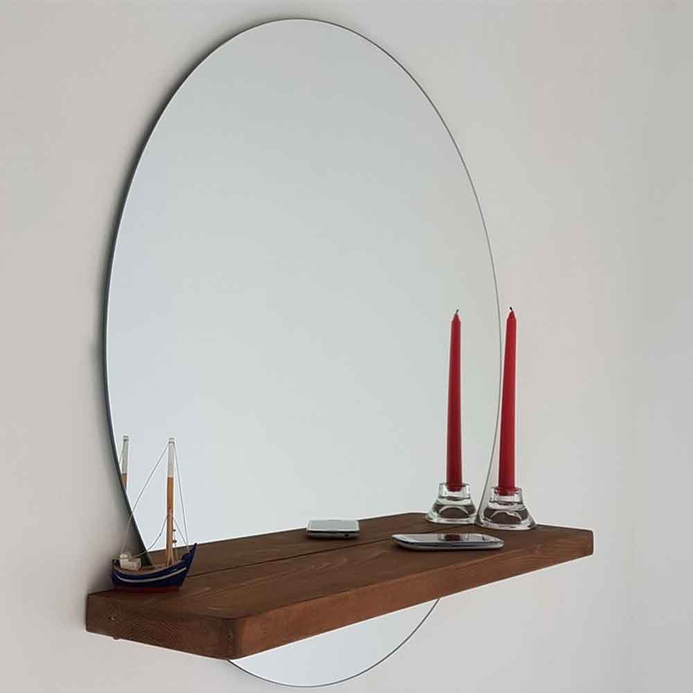 Sunset Glass Wall Mirror with Walnut Pine Wood Shelf