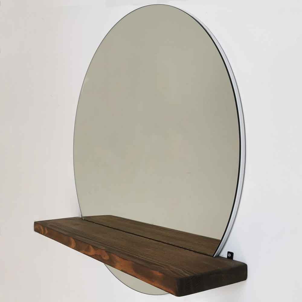 Sunset Glass Wall Mirror with Walnut Pine Wood Shelf