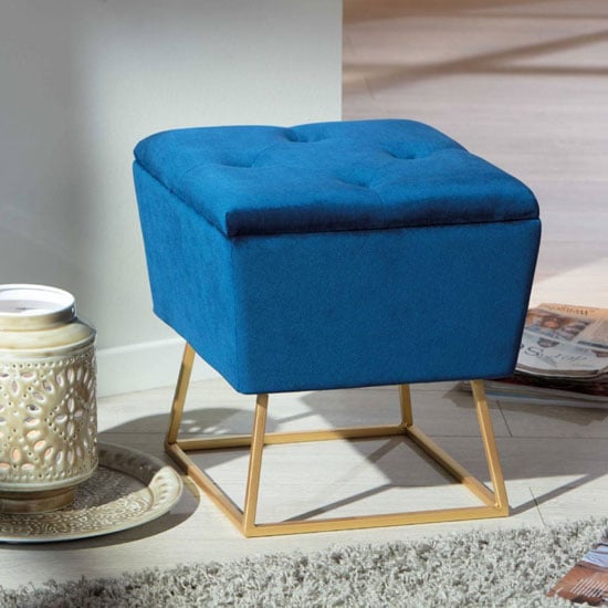 Photo of Surin fabric storage ottoman stool in blue with metal legs