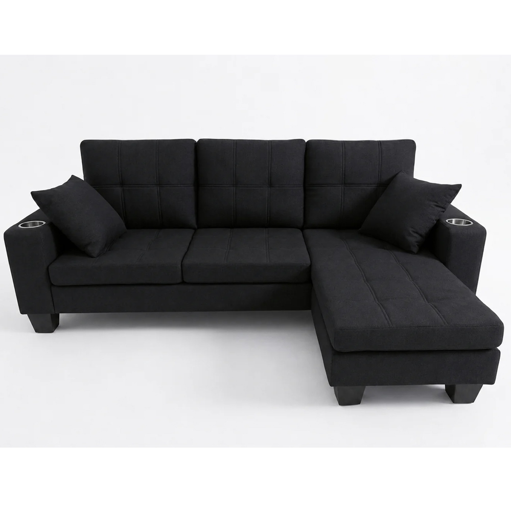 Sutton Fabric Corner Sofa with Cupholder in Black