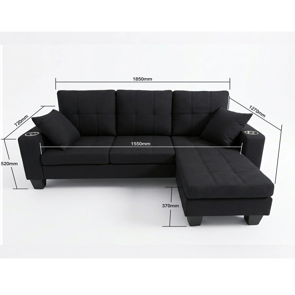 Sutton Fabric Corner Sofa with Cupholder in Black