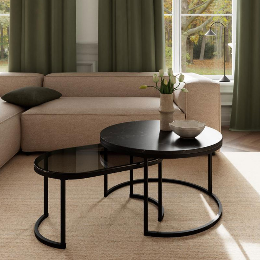 Suva Black Marble Izmir Top Coffee Table Set with Matt Black Steel Base
