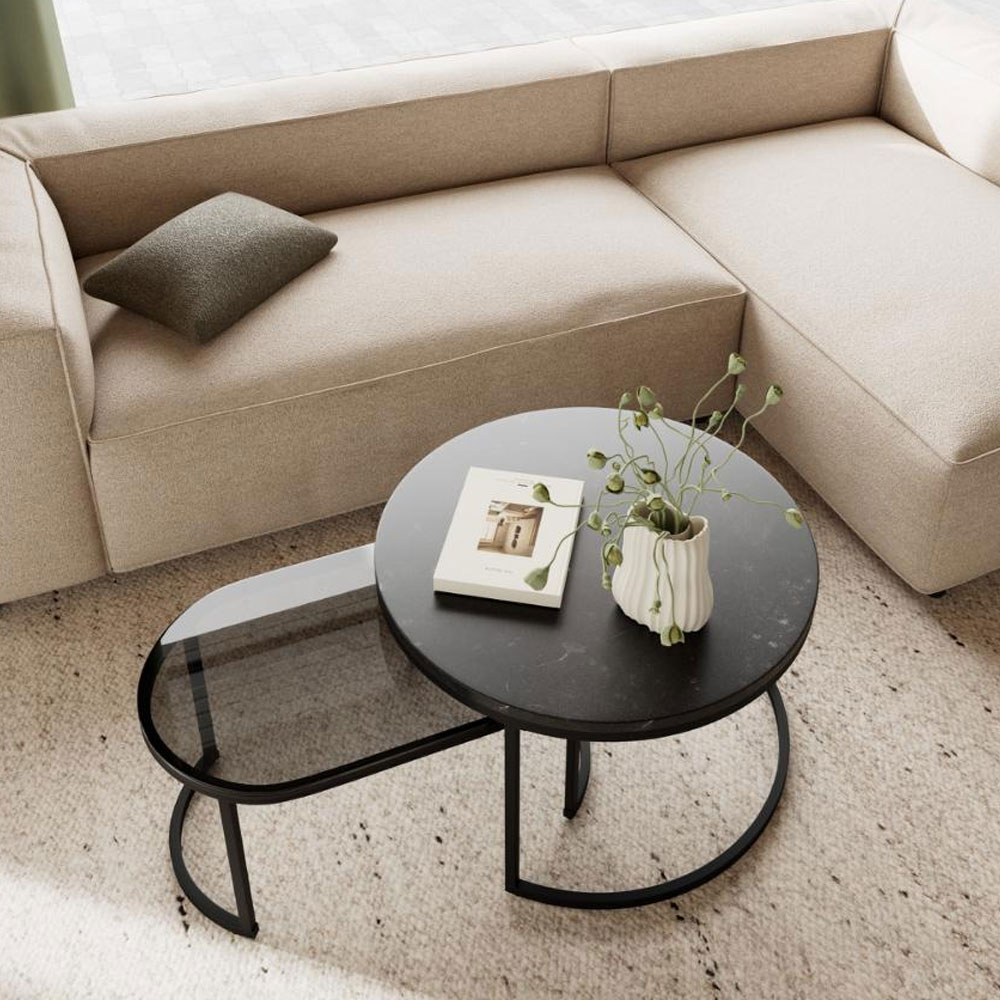 Suva Black Marble Izmir Top Coffee Table Set with Matt Black Steel Base