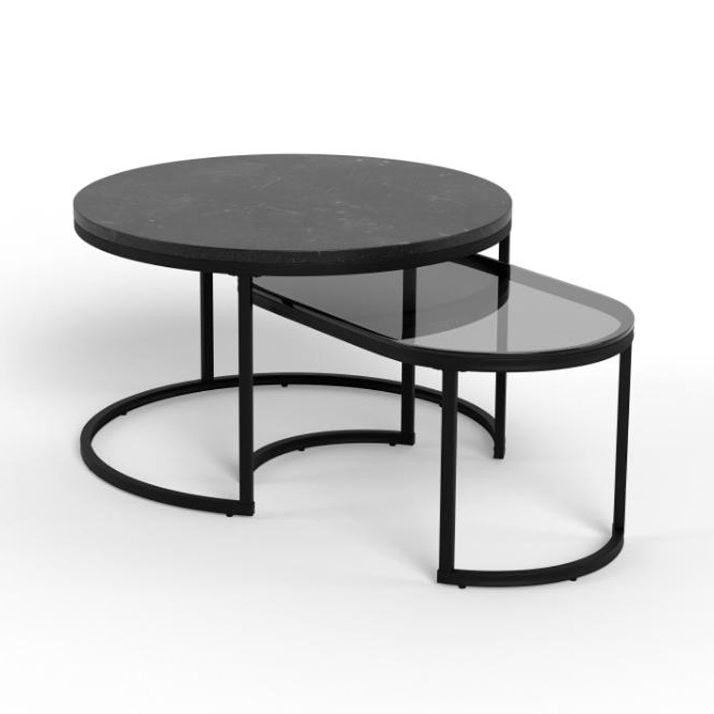 Suva Black Marble Izmir Top Coffee Table Set with Matt Black Steel Base