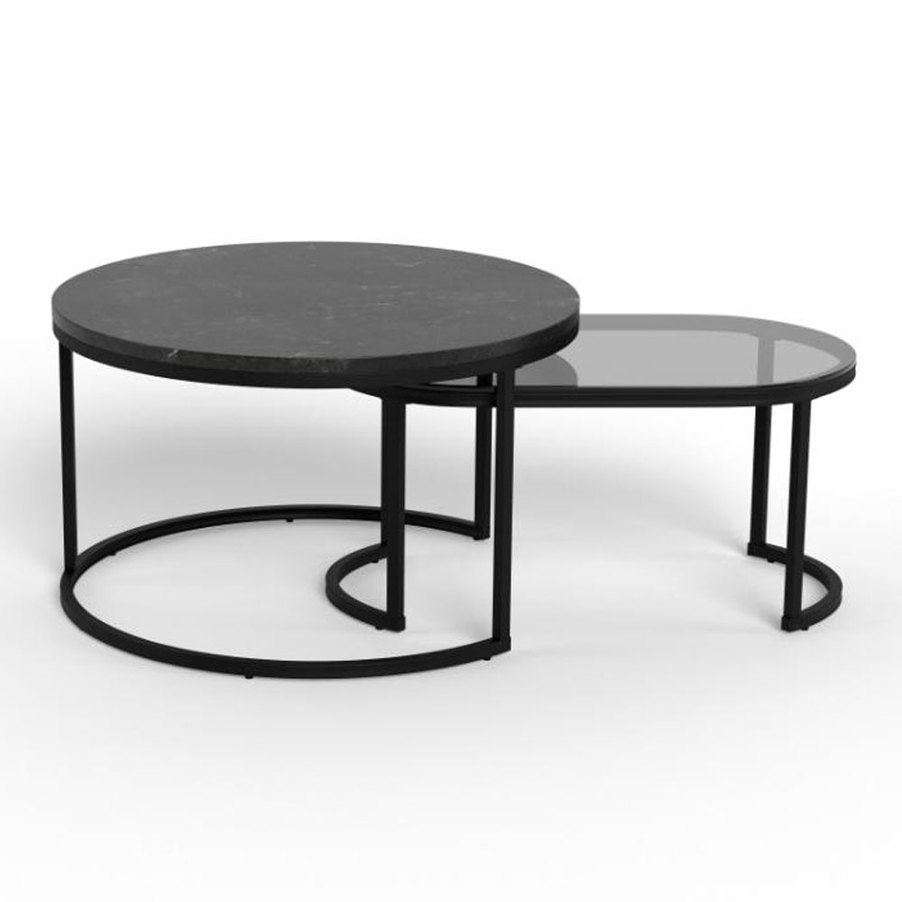 Suva Black Marble Izmir Top Coffee Table Set with Matt Black Steel Base