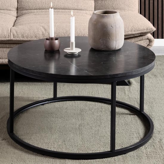 Suva Wooden Coffee Table Round In Black Marble Effect