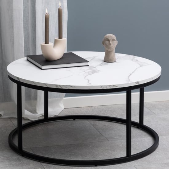 Suva Wooden Coffee Table Round In White Marble Effect