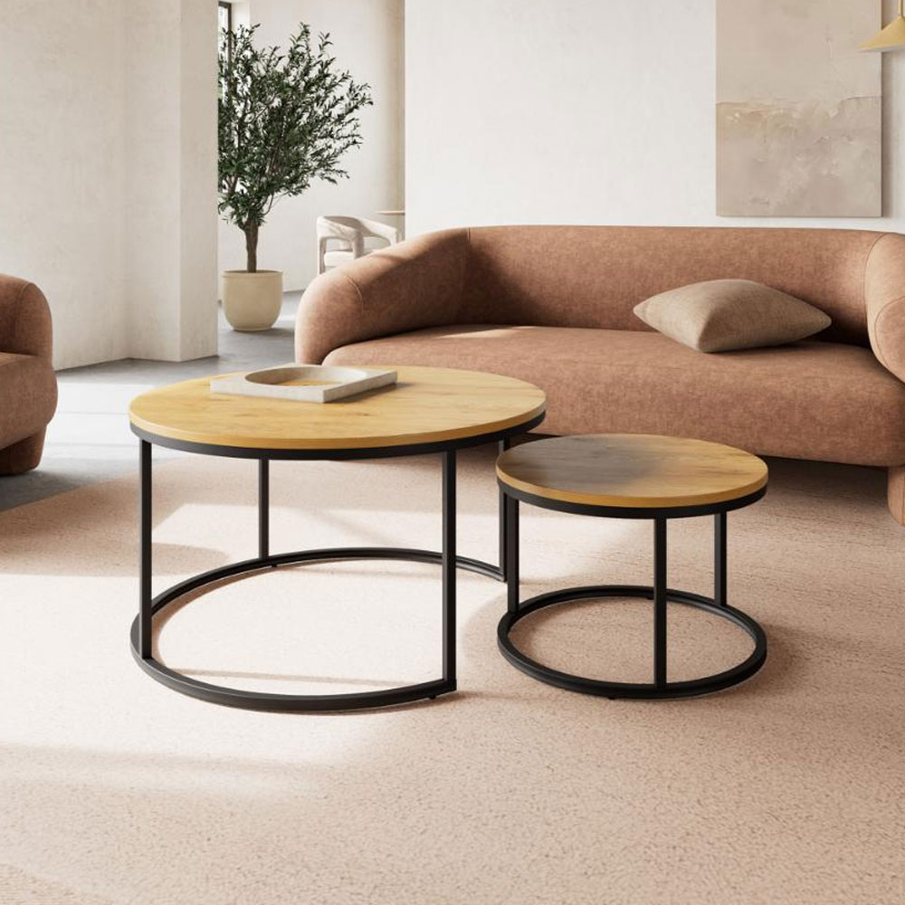 Suva Matt Wild Oak Melamine Top Coffee Table Set with Matt Black Steel Base