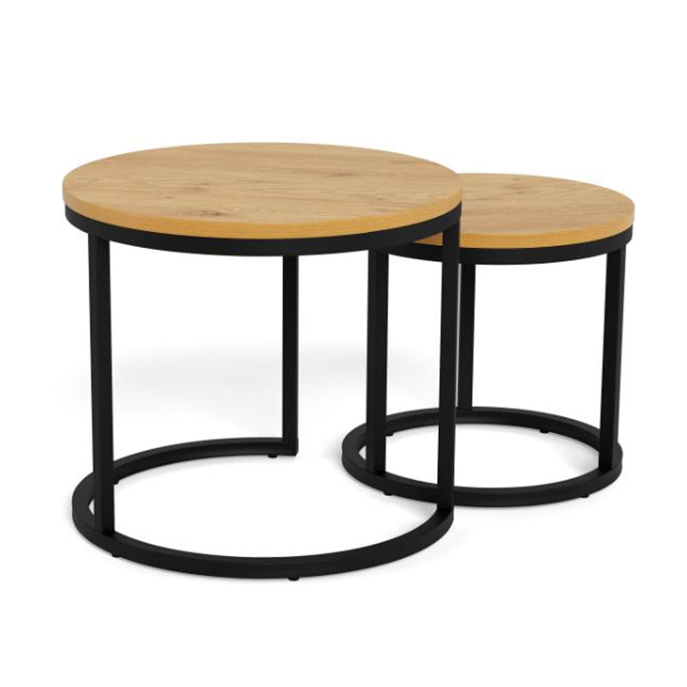 Suva Matt Wild Oak Melamine Top Nesting Tables with Matt Black Steel Base